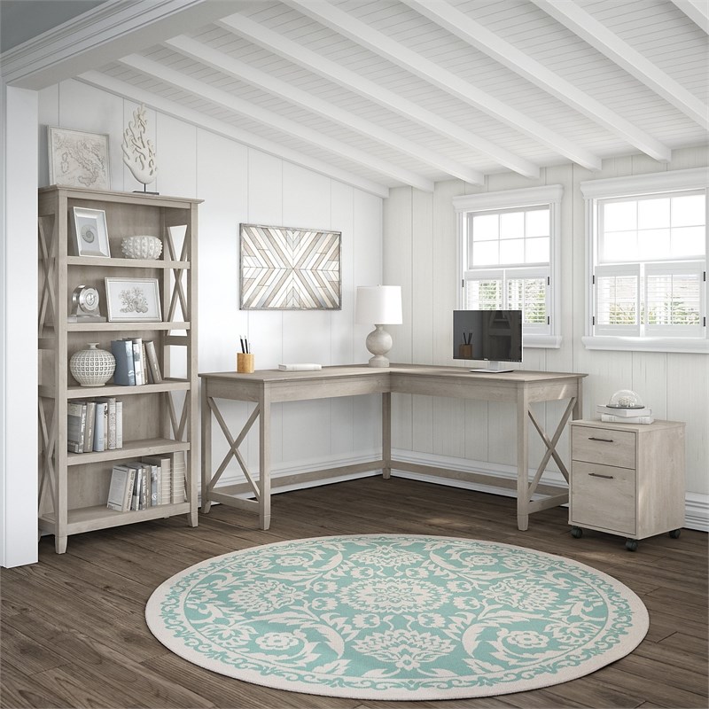 Pemberly Row 60W L Desk with Cabinet & Bookcase in Washed Gray