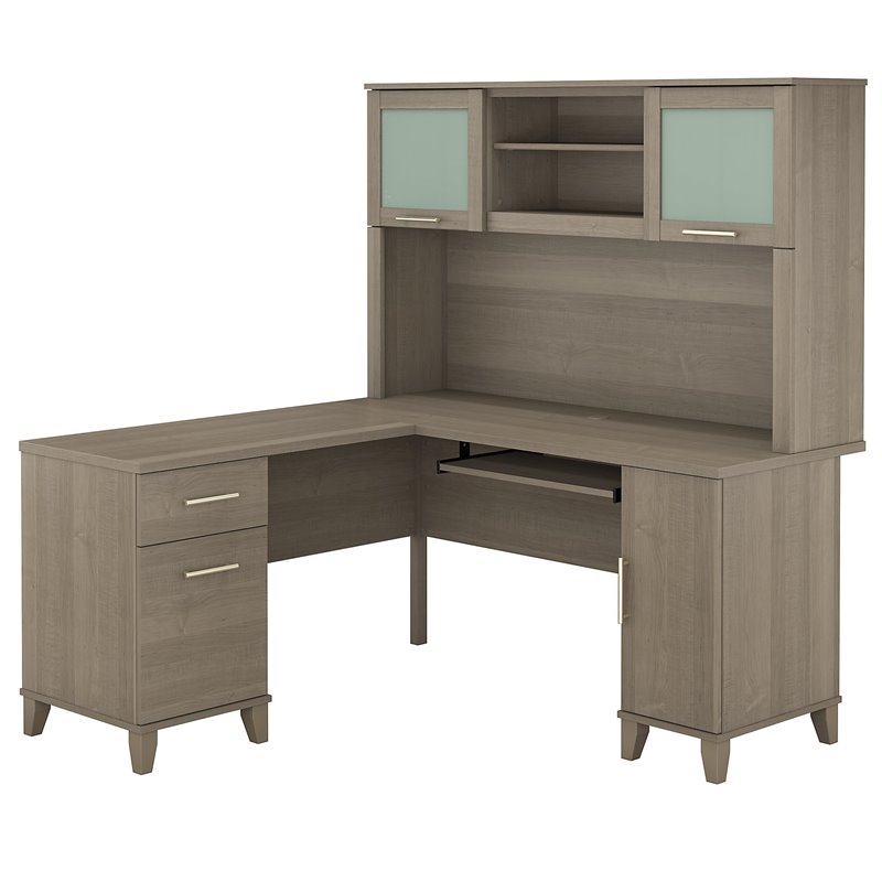 Pemberly Row 60W L Desk with Hutch in Ash Gray - Engineered Wood