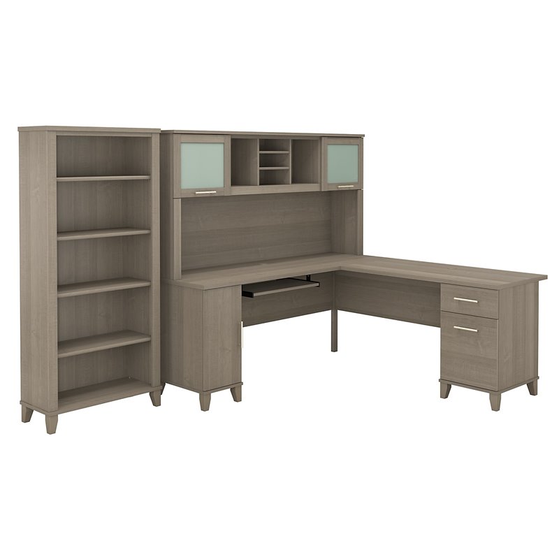 Pemberly Row 72W Wood L Desk with Hutch & 5 Shelf Bookcase Gray