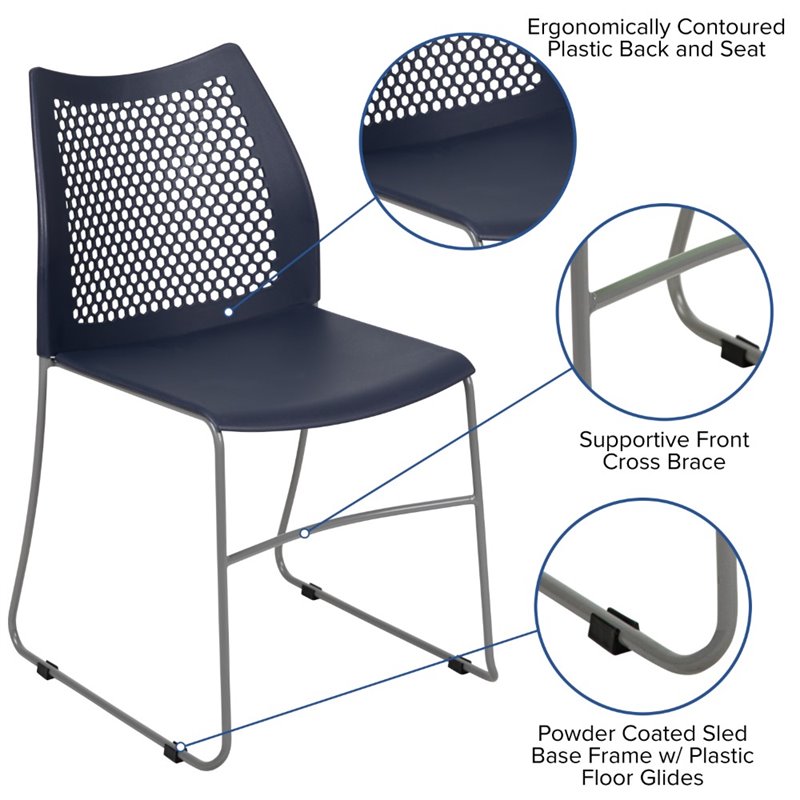 Pemberly Row Perforated Plastic Sled Base Stacking Chair in Navy