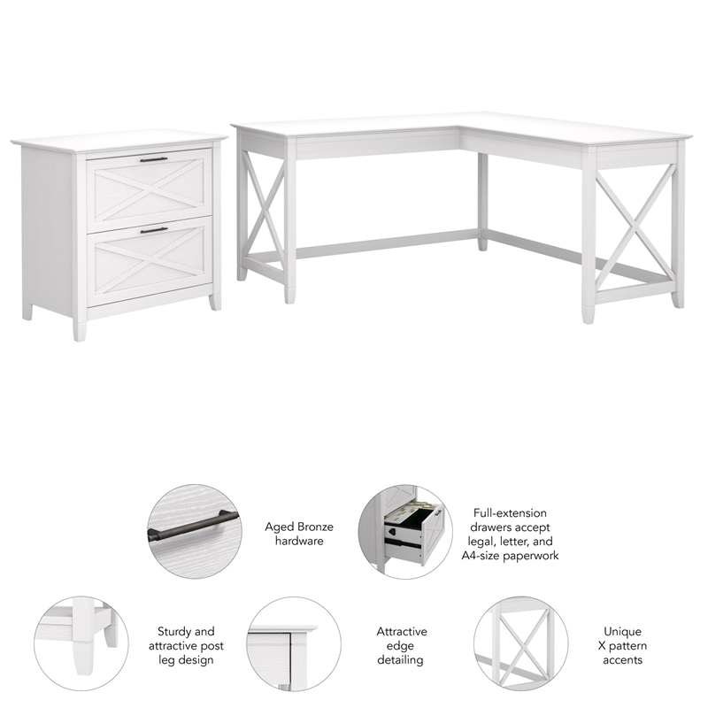 Pemberly Row Modern 60W L Shaped Desk with 2 Drawer File Cabinet