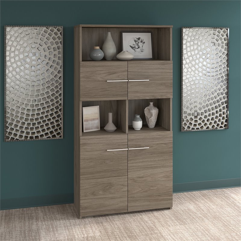 Pemberly Row 5 Shelf Bookcase with Doors in Modern Hickory - Engineered Wood