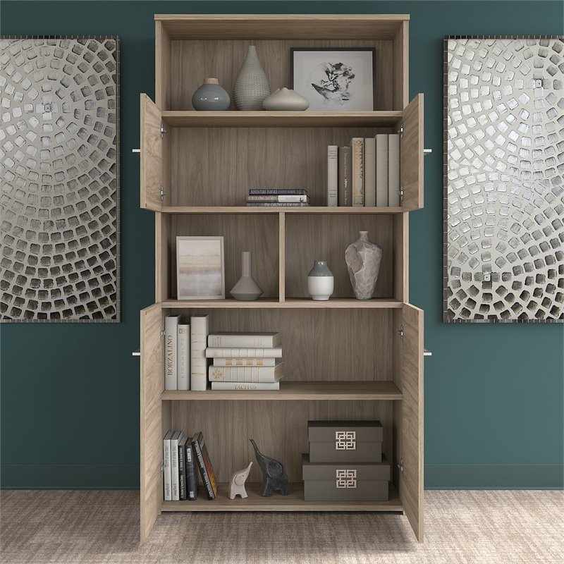 Pemberly Row 5 Shelf Bookcase with Doors in Modern Hickory - Engineered Wood