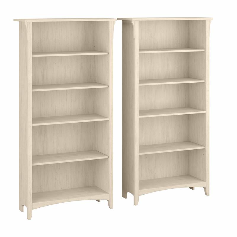Pemberly Row Tall 5 Shelf Bookcase - Set of 2 in Antique White - Engineered Wood