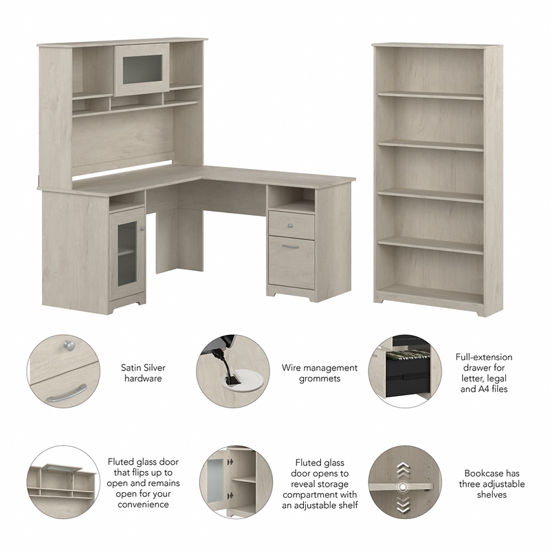Pemberly Row L Shaped Desk with Hutch & Bookcase in Linen White Oak