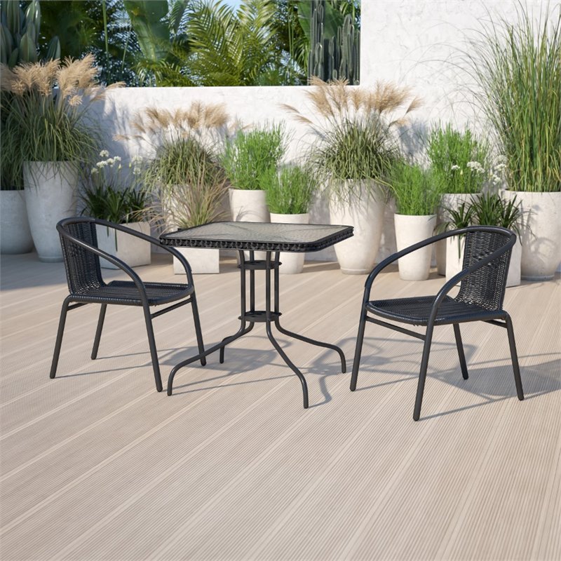 Pemberly Row Stackable Rattan Curved Back Dining Chair in Black (Set of 2)