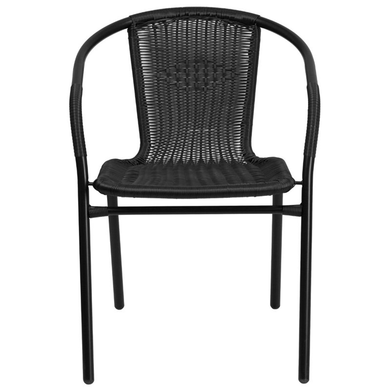 Pemberly Row Stackable Rattan Curved Back Dining Chair in Black (Set of 2)