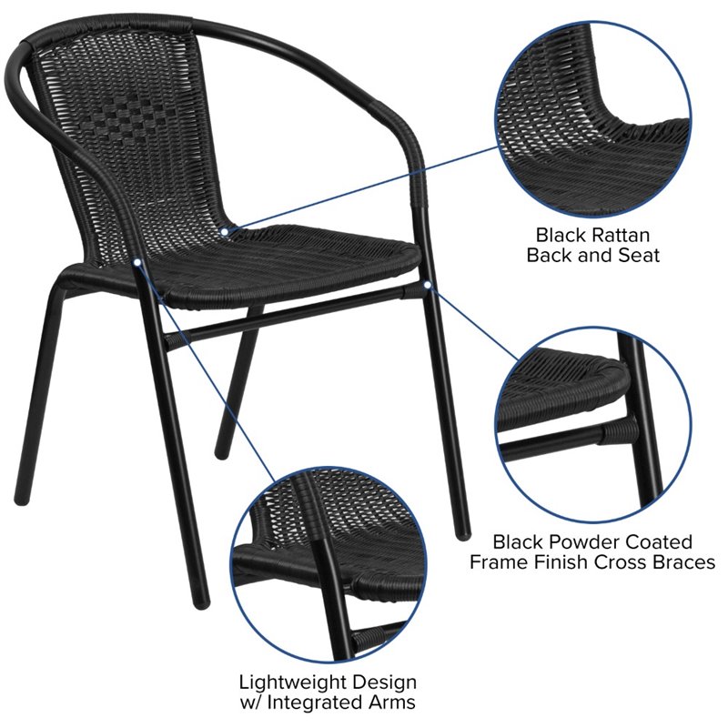 Pemberly Row Stackable Rattan Curved Back Dining Chair in Black (Set of 2)