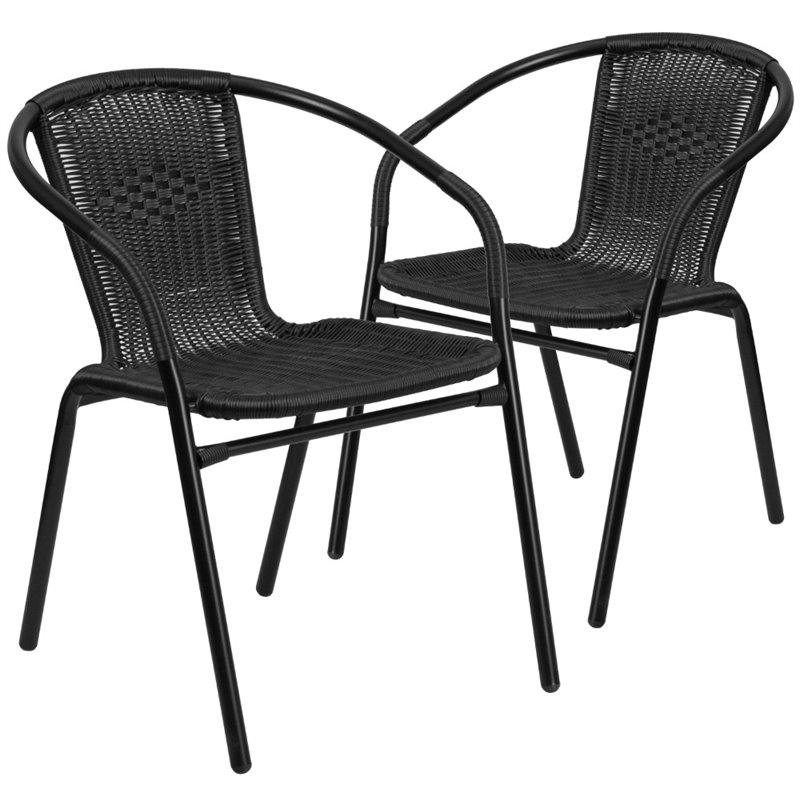Pemberly Row Stackable Rattan Curved Back Dining Chair in Black (Set of 2)