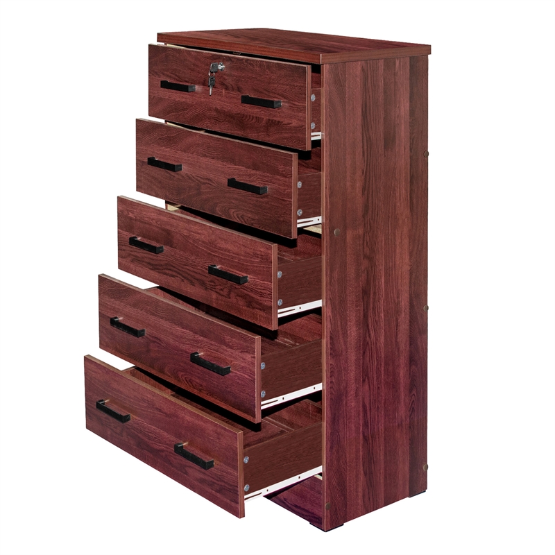 Pemberly Row Wood Tall 5 Drawer Chest Bedroom Dresser Mahogany