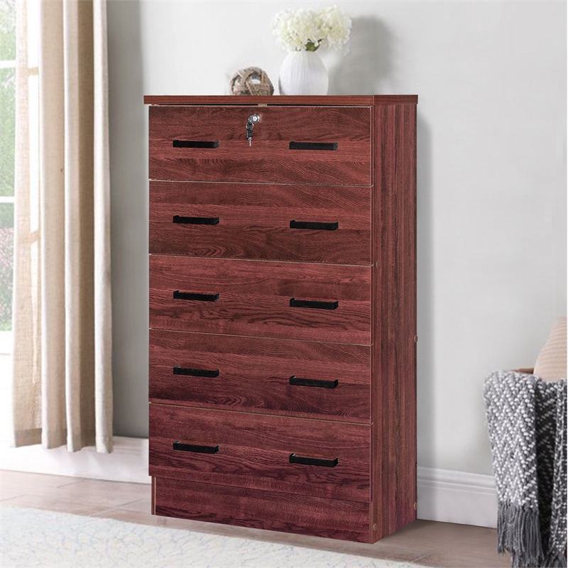 Pemberly Row Wood Tall 5 Drawer Chest Bedroom Dresser Mahogany