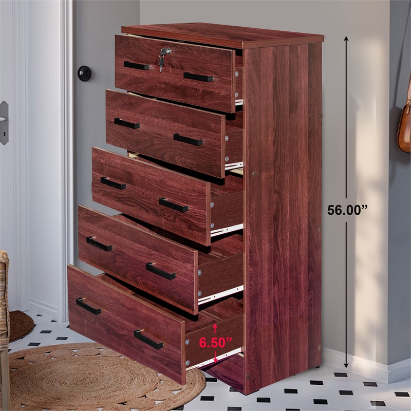 Pemberly Row Wood Tall 5 Drawer Chest Bedroom Dresser Mahogany