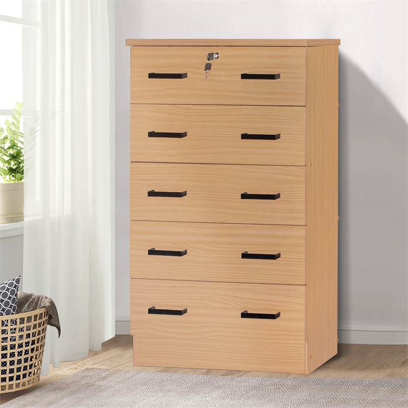 Pemberly Row Wood Tall 5 Drawer Chest Dresser in Beech (Maple)