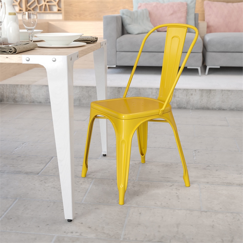 Pemberly Row Modern Metal Stackable Dining Side Chair in Yellow