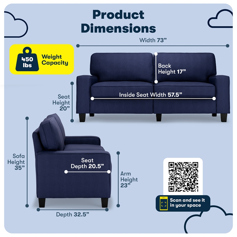 Pemberley Row Upholstered Navy Blue Sofa Rectangular Removable Covers 73