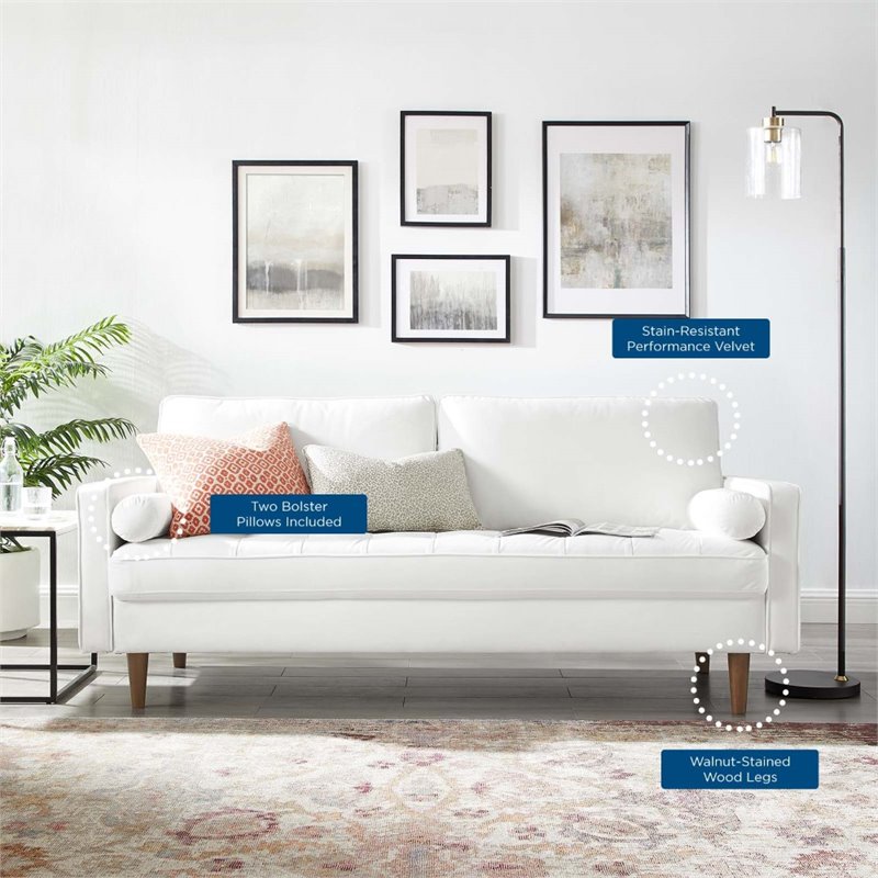 Pemberly Row Mid-Century Performance Velvet Sofa in White Finish
