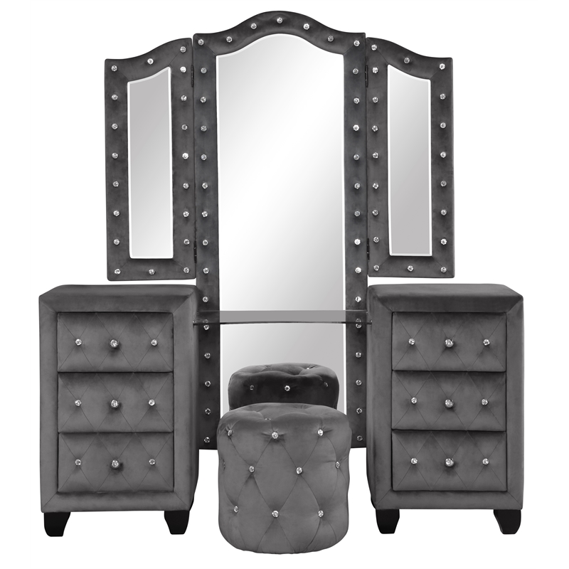 Pemberly Row Crystal Tufted Vanity Set - Velvet Fabric / Wood in Gray