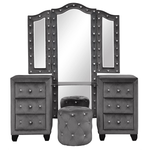 Pemberly Row Crystal Tufted Vanity Set - Velvet Fabric / Wood in Gray