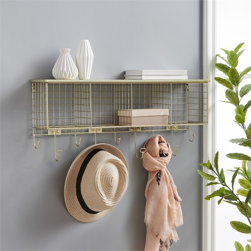 Pemberly Row Contemporary Four Metal Wall Shelf in Gold Finish