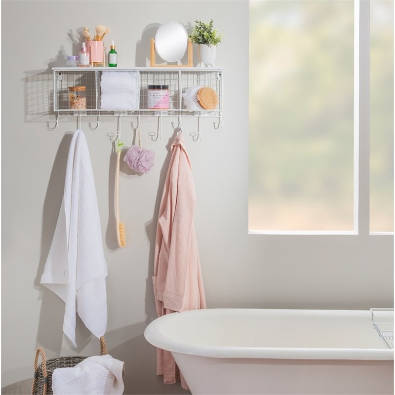 Pemberly Row Four Metal Wall Shelf with Top Shelf and 9 Hooks in White