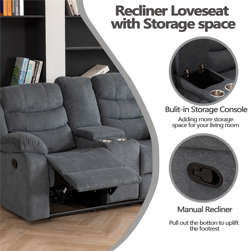 Pemberly Row Fabric Sofa Set of Reclining Chair & Loveseat & Sofa in Grey