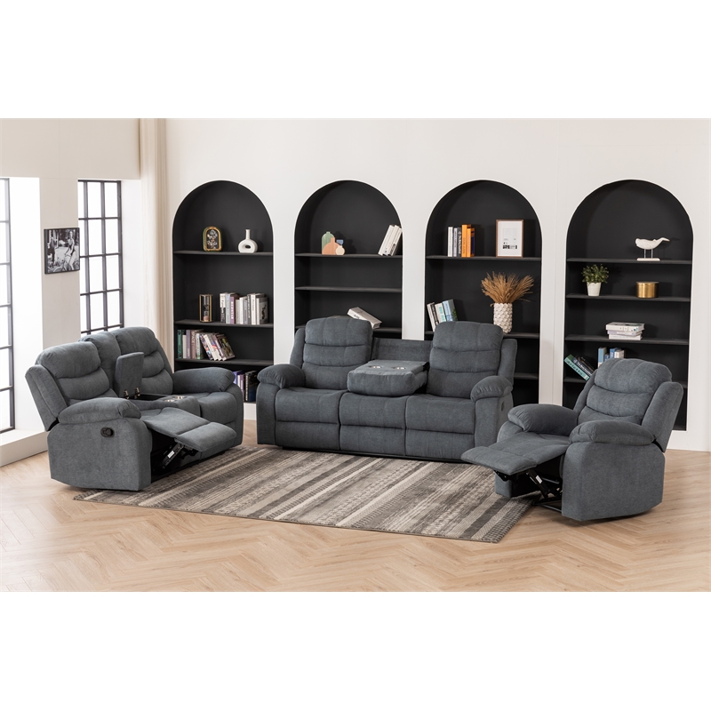 Pemberly Row Fabric Sofa Set of Reclining Chair & Loveseat & Sofa in Grey