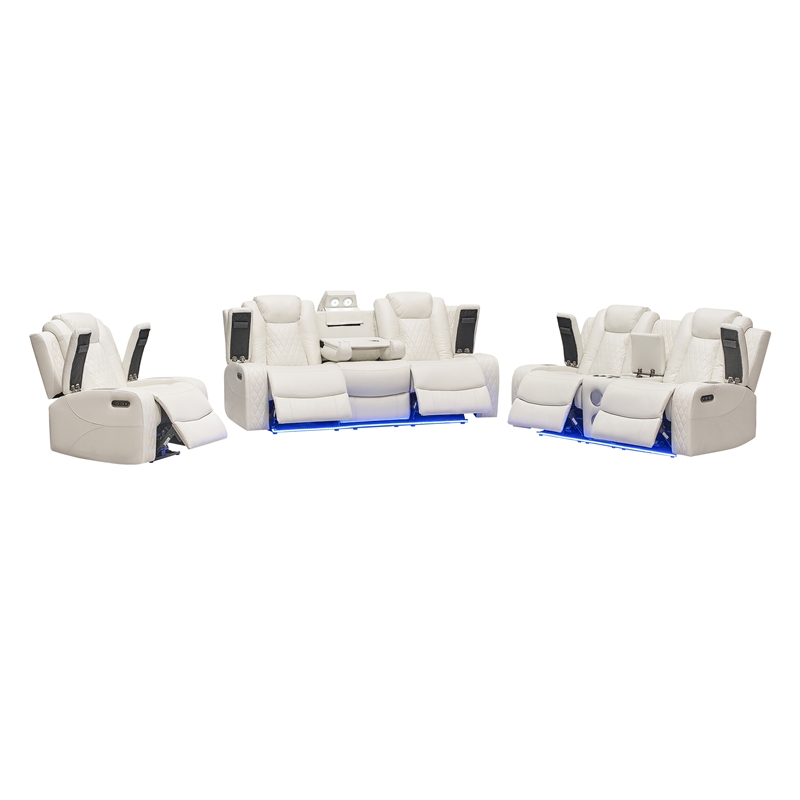 Pemberly Row PU Leather 3Pcs Power Reclining Multi-functional Sofa Set - White