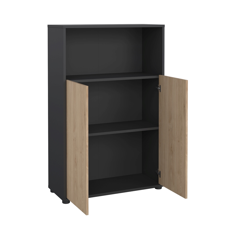 Pemberly Row Set of 2 3-Shelf Adjustable Home Office Bookcases in Black and Oak