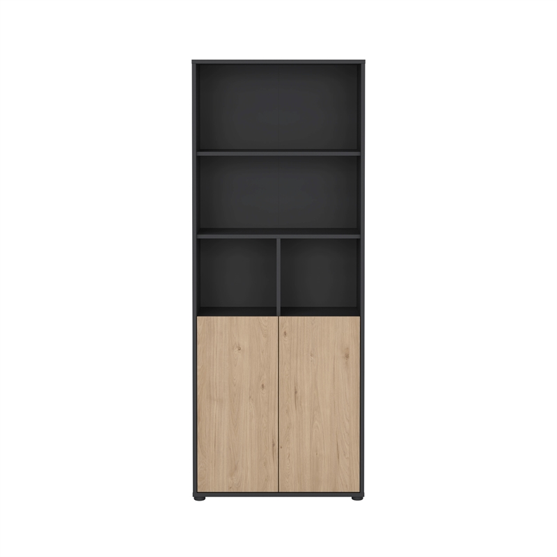 Pemberly Row Set of 2 6-Shelf Adjustable Home Office Bookcases in Black and Oak