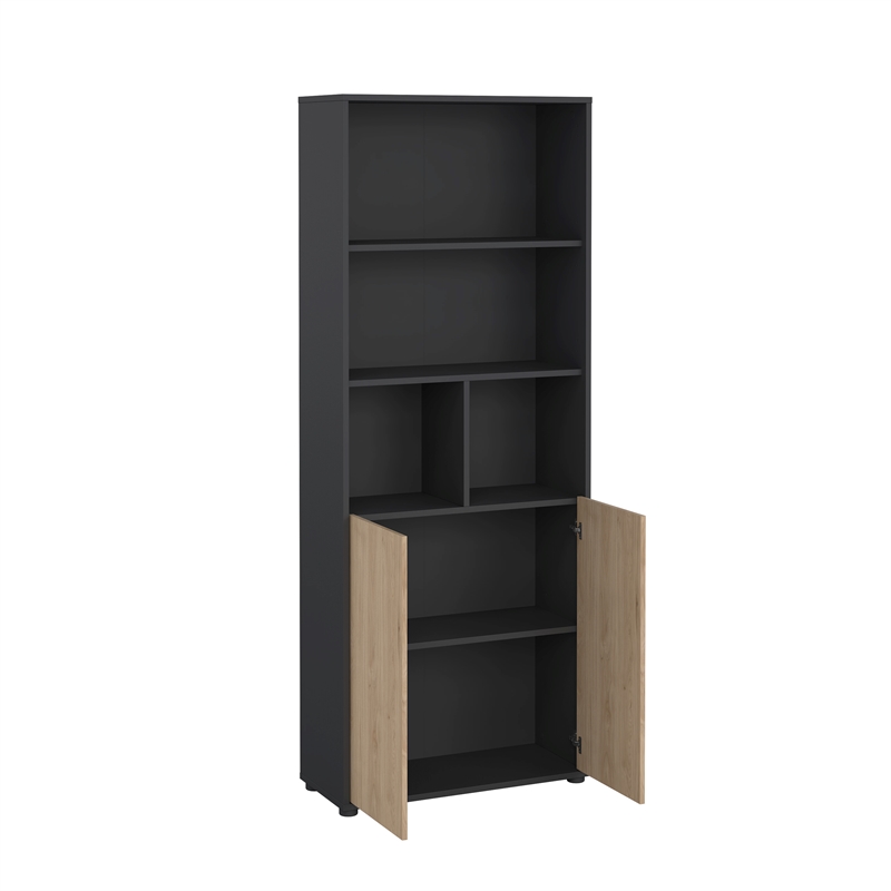 Pemberly Row Set of 2 6-Shelf Adjustable Home Office Bookcases in Black and Oak