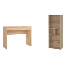 Pemberly Row Set of 2 Writing Desk and Adjustable 6-Shelf Bookcase in Hickory