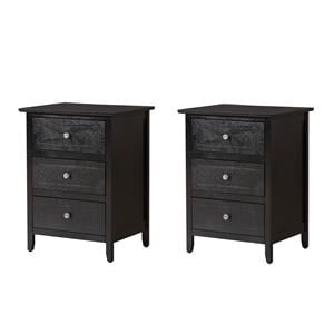 Pemberly Row Set of 2 Engineered Wood 3-Drawer Nightstands in Black