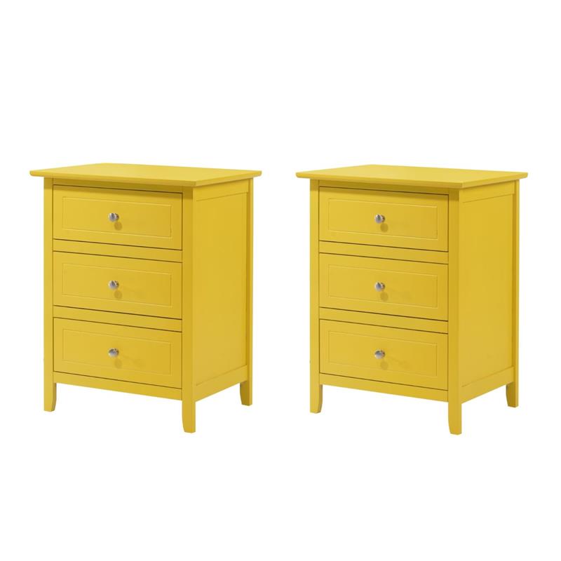 Pemberly Row Set of 2 Engineered Wood 3-Drawer Nightstands in Yellow