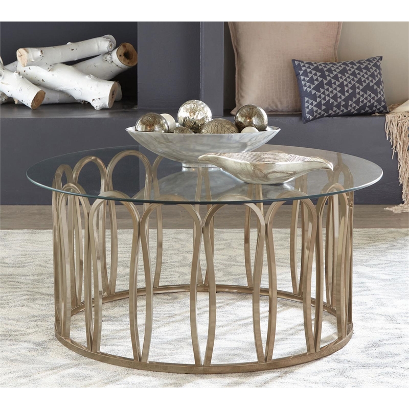 Pemberly Row Metal Round Coffee Table Chocolate Chrome and Clear