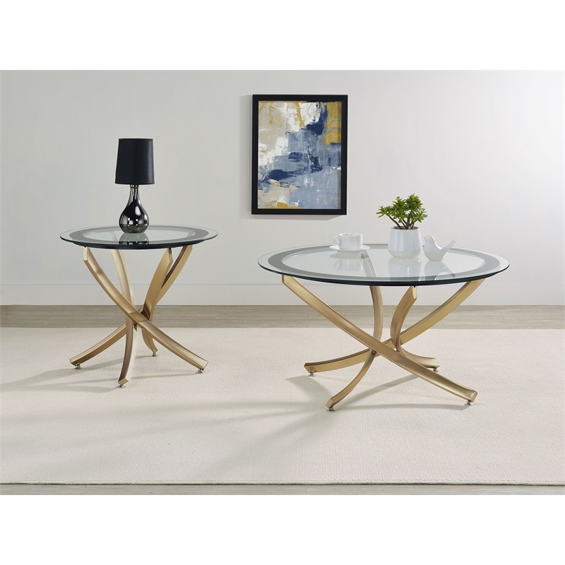 Pemberly Row Contemporary 2-piece Round Glass Top Coffee Table Set Brass
