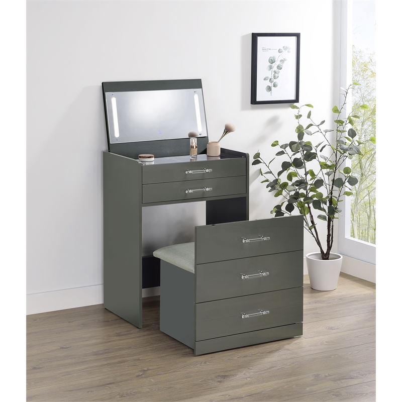 Pemberly Row 3-Drawer Engineered Wood Makeup Vanity and Stool Set in Gray