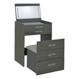 Pemberly Row 3-Drawer Engineered Wood Makeup Vanity and Stool Set in Gray