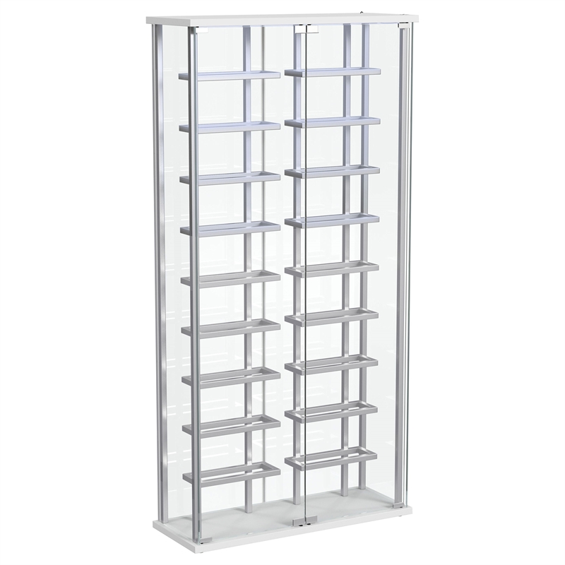 Pemberly Row Tempered Glass Wine Storage LED Metal Curio Cabinet in Chrome