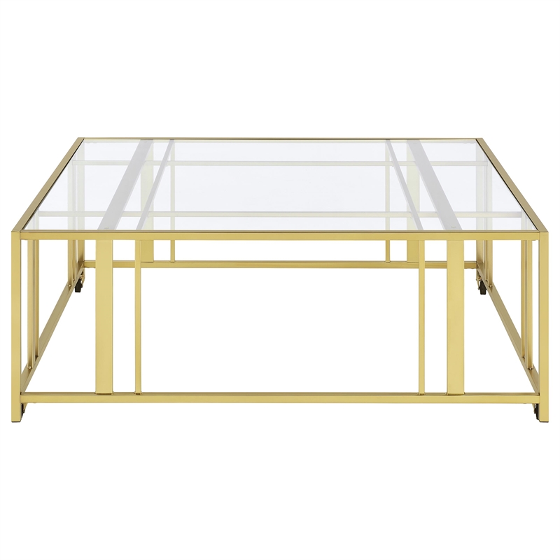 Pemberly Row Square Glass Top Coffee Table with Casters in Gold