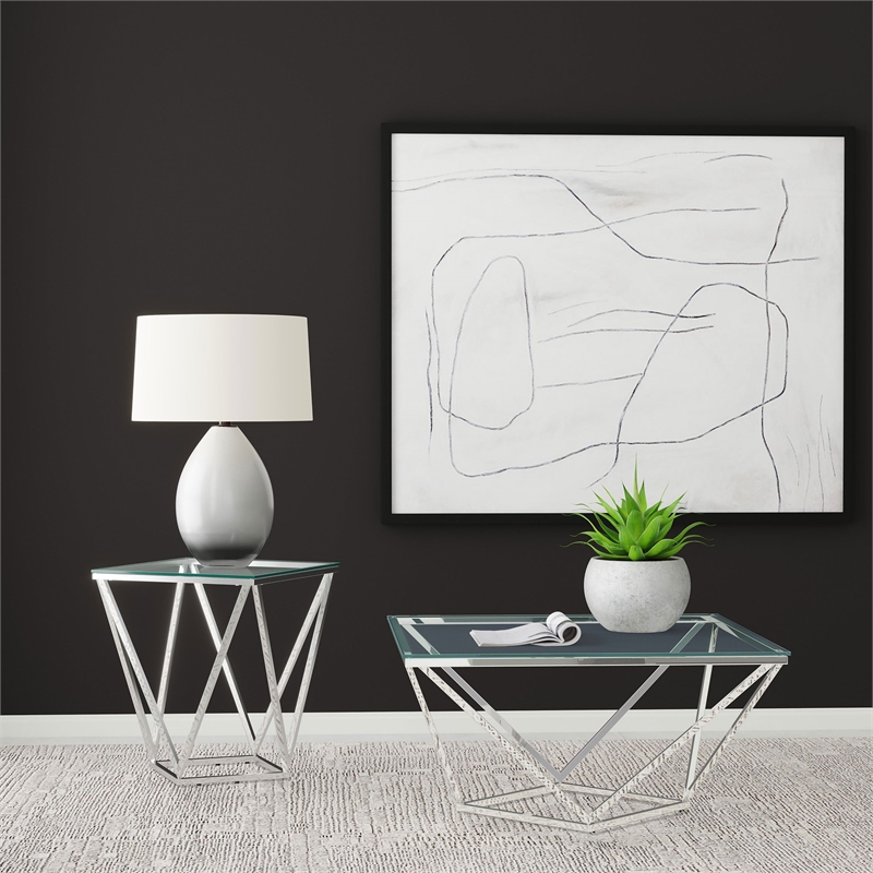 Pemberly Row Square Glass Top Geometric Metal End Table in Nickel