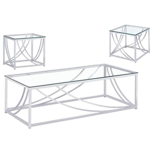 Pemberly Row 3-Piece Glass Top Metal Coffee End Table Set in Chrome