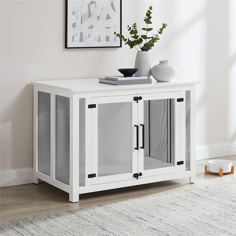 Pemberly Row Transitional Wood Credenza Dog Crate in White and Black