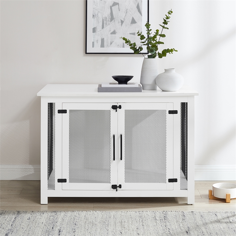 Pemberly Row Transitional Wood Credenza Dog Crate in White and Black