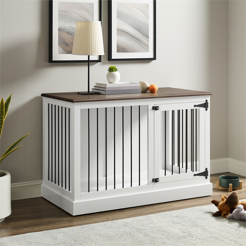 Pemberly Row Small Wood Credenza Dog Crate in White/Dark Brown
