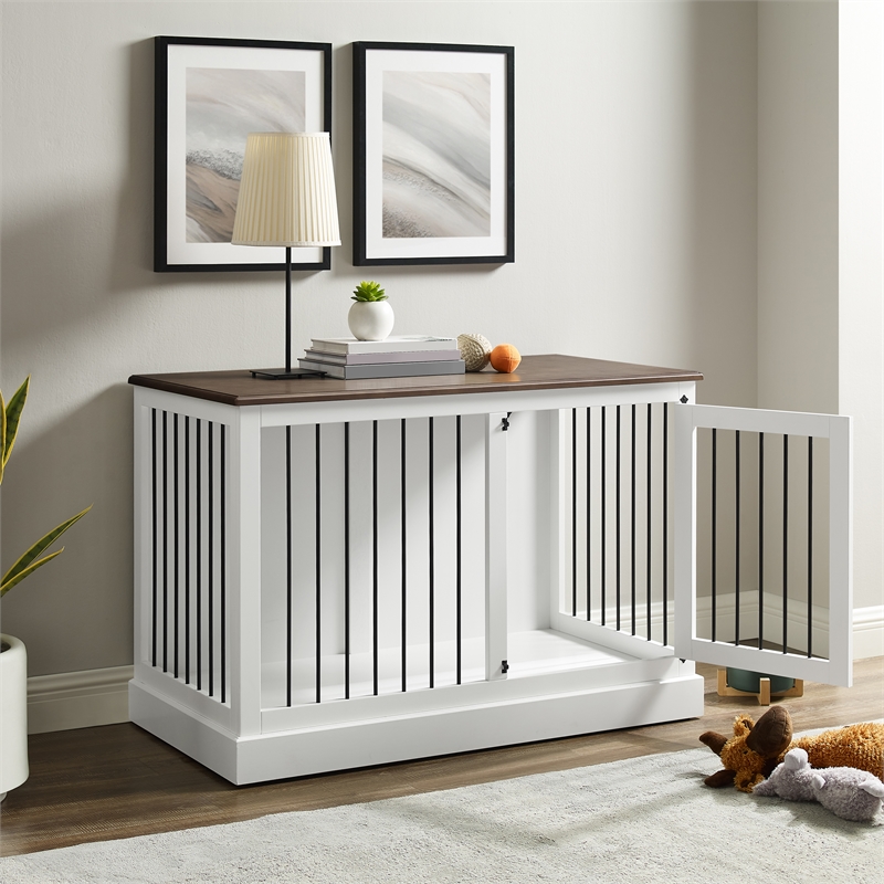 Pemberly Row Small Wood Credenza Dog Crate in White/Dark Brown