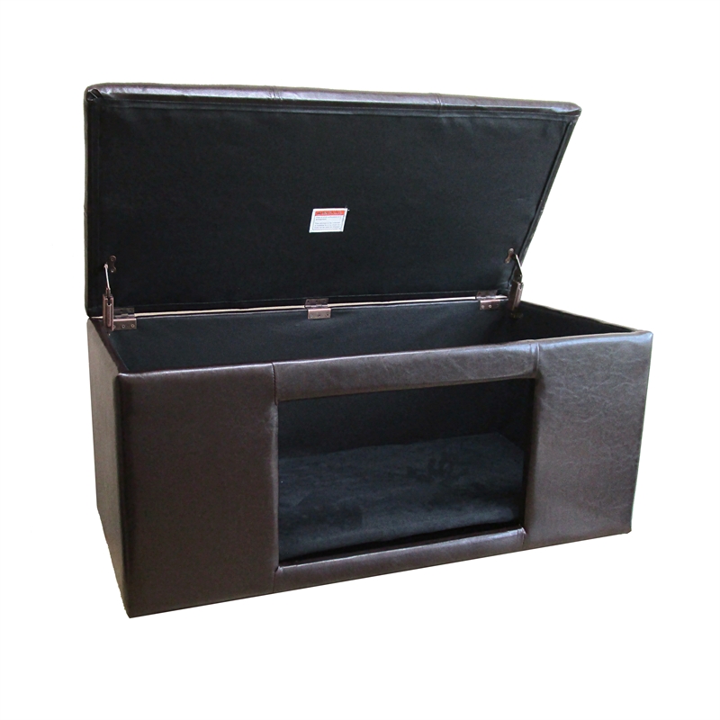 Pemberly Row Traditional Faux Leather Decorative Pet Bed Bench in Brown