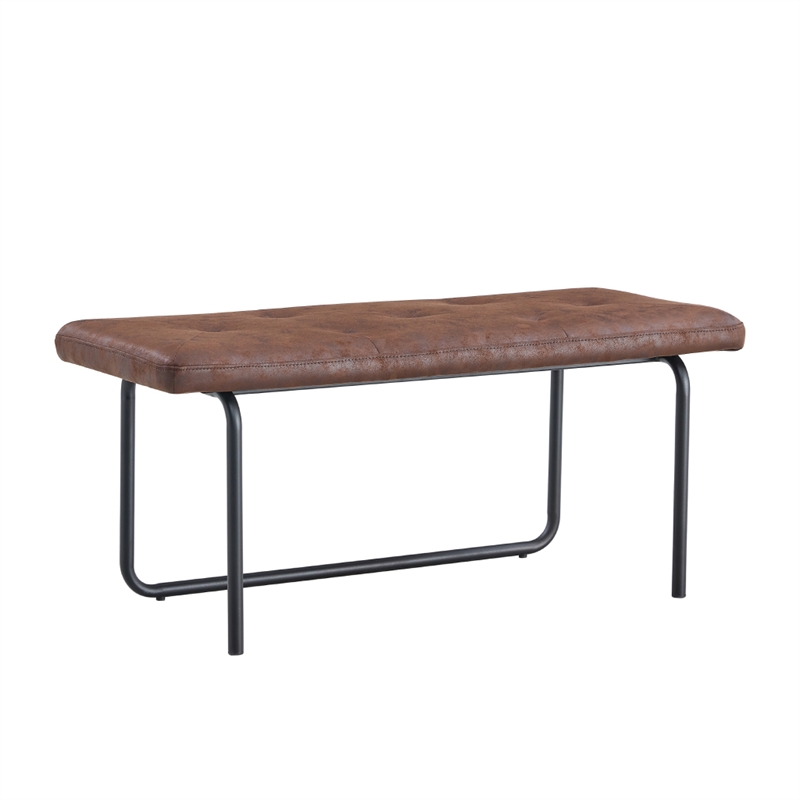 Pemberly Row Upholstered Faux leather Dining Bench with Sled Metal Legs In Brown