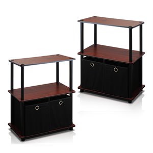 Pemberly Row Wood 3-Tier and 2-Bins Storage Shelf in Cherry/Black (Set of 2)