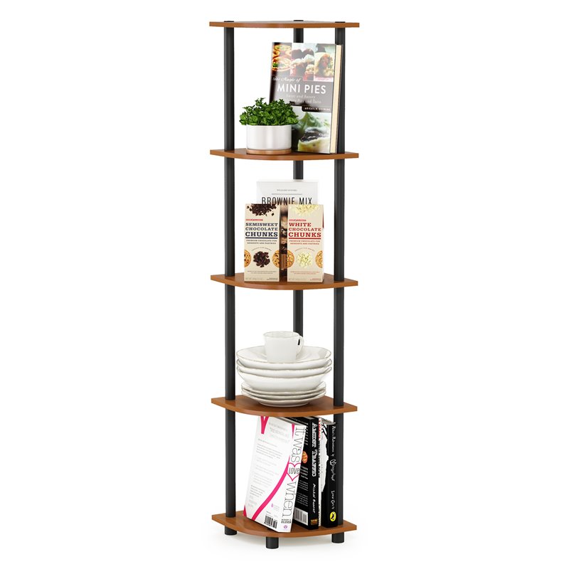 Pemberly Row Turn-N-Tube Wood 5 Tier Corner Display Rack in Light Cherry/Black