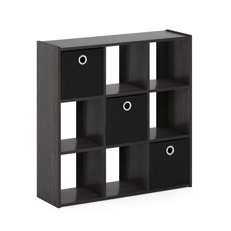 Pemberly Row Engineered Wood 9-Cube Organizer with Bins in Espresso/Black